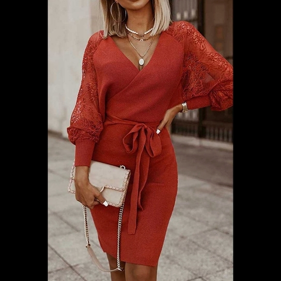 Khaki ribbed knit double v neck wrap waist floral lace sleeve sweater dress - Picture 4 of 5